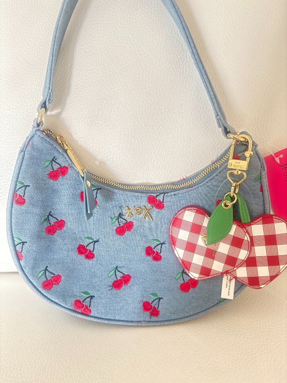 NWT BETSEY JOHNSON XONORTHY SHOULDER BAG DENIM W EMBROIDERED CHERRY / CHARM